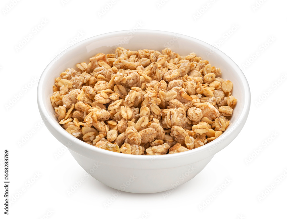 Granola, crunchy muesli isolated on white background Granola, crunchy muesli isolated on white background