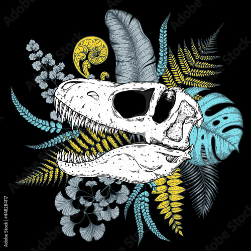 Tyrannosaurus rex and palm leaves hand drawn illustration. Tattoo vintage print. Hand drawn floral print. Tattoo design. Jungle print. Tropical illustration.