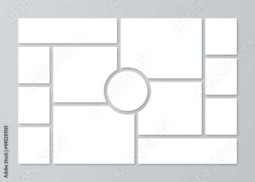 Moodboard template. Photo collage layout. Mood board background. Montage mosaic pictures. Album images grid with circle. Poster design. Photomontage frames. Horizontal mockup. Vector illustration.
