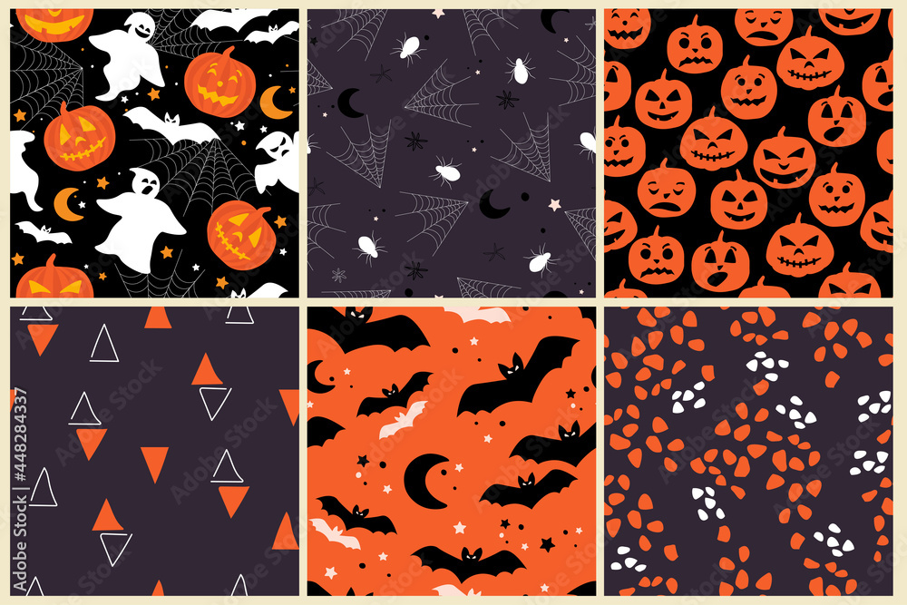 Seamless pattern of orange pumpkins on a black background, simple shapes, bat, moon, ghost, stars. Autumn decoration for the Halloween holiday. Vector illustration.