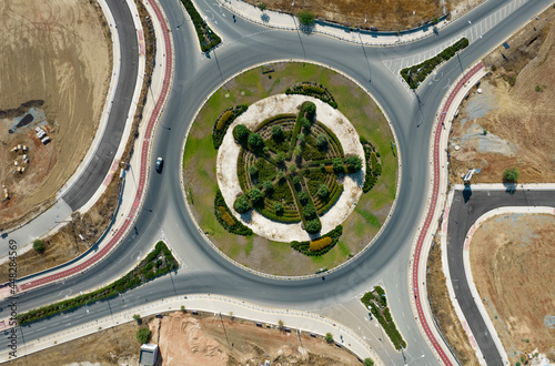 Aerial drone view of a modern designed roundabout. Road transportation Nicosia Cyprus