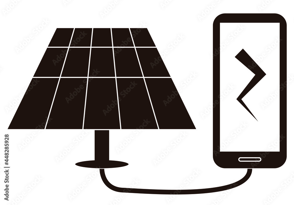 Icono negro de panel solar cargando smartphone. Icono negro de panel solar cargando smartphone.