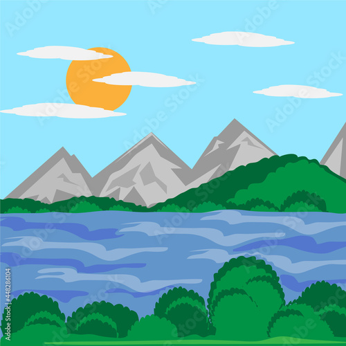 landscape with mountains, clouds, trees, sun and lake, river or sea, illustration