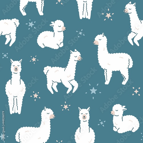 Seamless Pattern. Alpaca llama sleep, standing and jumping. Star in the sky. Cute cartoon kawaii funny smiling baby character. Wrapping paper, textile template. Nursery decoration Blue background Flat