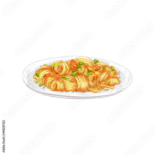 Fried noodle on plate. Vintage vector hatching hand drawn illustration isolated