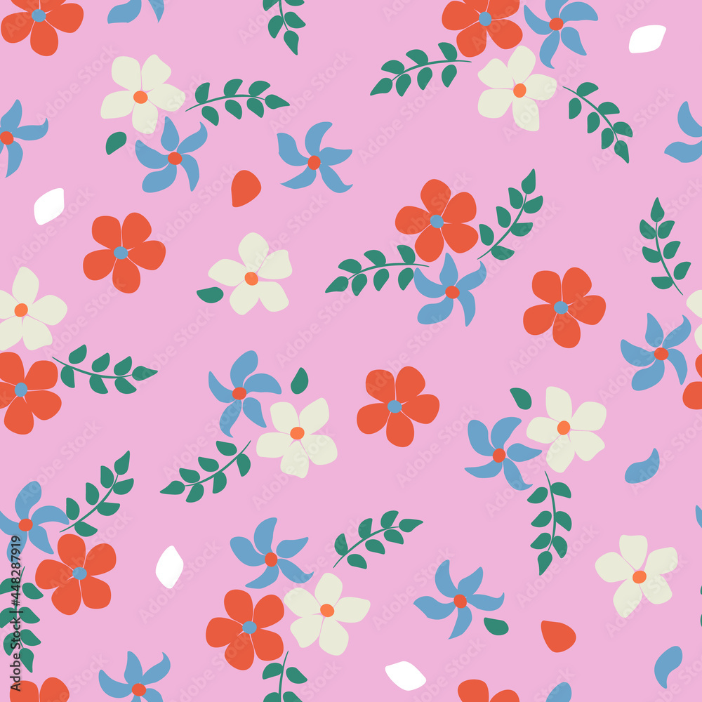 Floral abstract seamless pattern. Different flowers on pink background.