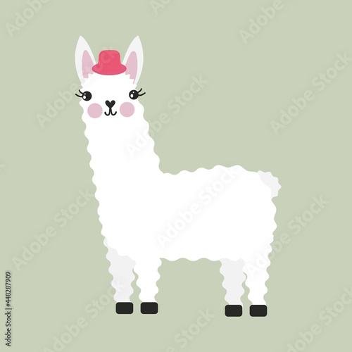 Cute llama character with hat isolated vector illustration. Funny animal.