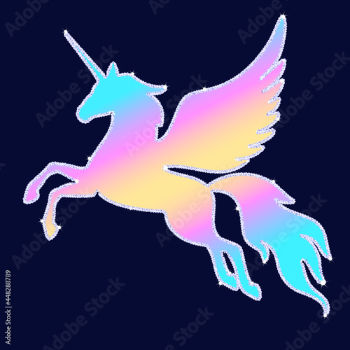 Silhouette of rainbow flying unicorn with glitter and sparkles. Rainbow silhouette of a pegasus on a dark background.