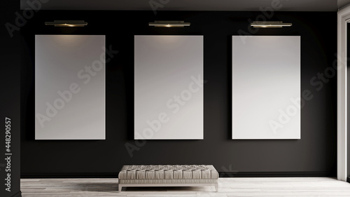 Triptych of paintings in galleries or museums. Three large illuminated picture frames. Layout for creativity - black wall. 3D rendering