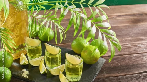 Stop motion animation of glasses of tequila with lime on wooden table. Traditional Mexican alcoholic beverage. Alcoholic cocktail with lime. The gin drink is served in glasses and limes 