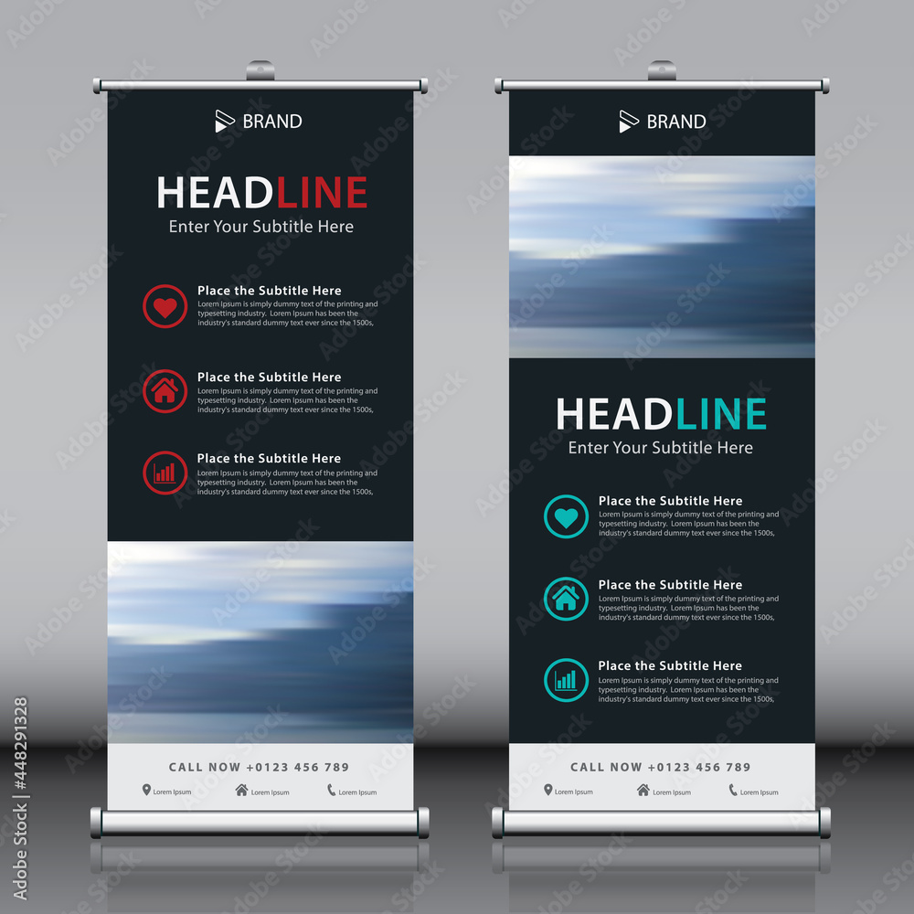 Naklejka premium Roll up banner futuristic design collection with black white colorful background and image. Editable vertical template 2 vector set, modern standee and flag banner