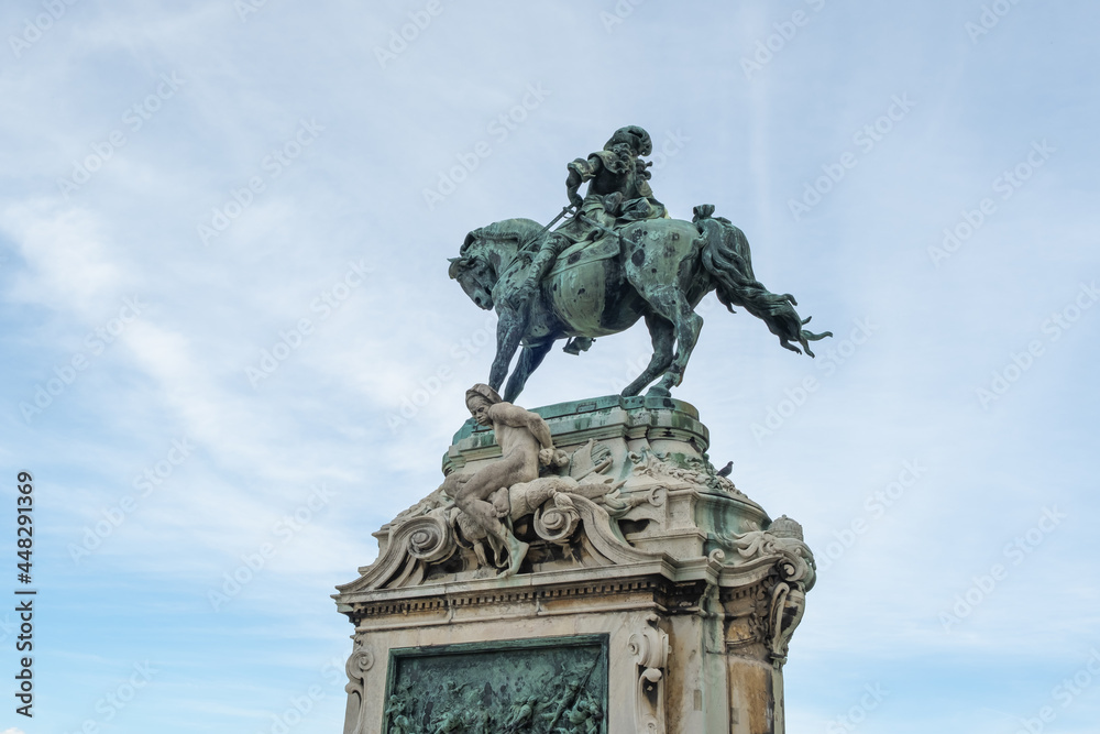 View of Prince Eugene of Savoy's Equestrian Statute at Buda Castle in  Budapest, Hungary.