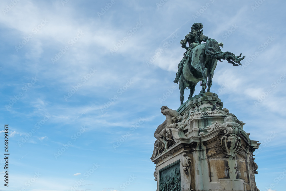 View of Prince Eugene of Savoy's Equestrian Statute at Buda Castle in  Budapest, Hungary.