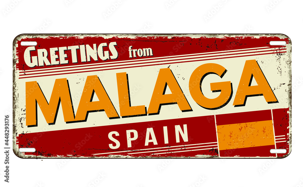 Greetings from Malaga vintage rusty metal plate on a white background, vector illustration