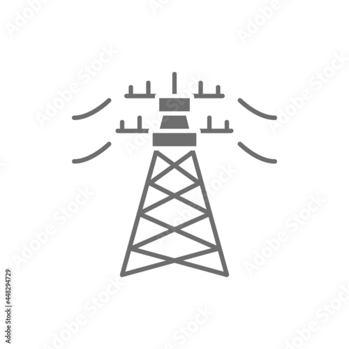 High voltage electric line pylon, energy pole gray icon.