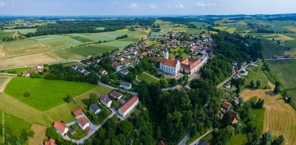 Aerial view around the monastery Asbach Kloster in Germany., Bavaria on a sunny afternoon in spring.