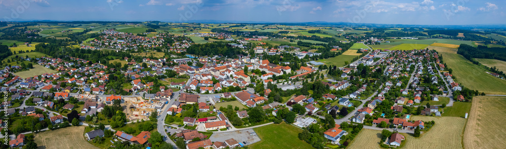 Aerial view around the city and monastery Fürstenzell in Germany., Bavaria on a sunny afternoon in spring.