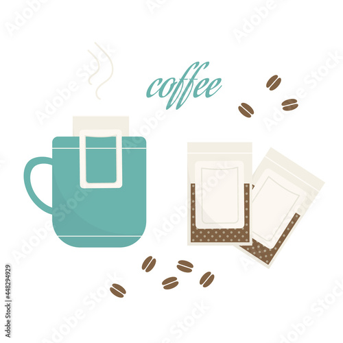Vector illustration with cup of coffee and drip bags isolated on white background. 