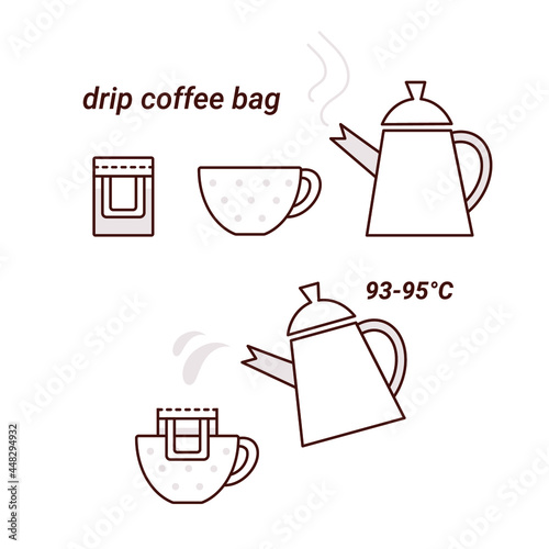 Vector illustration with making drip coffee icons isolated on white background. 