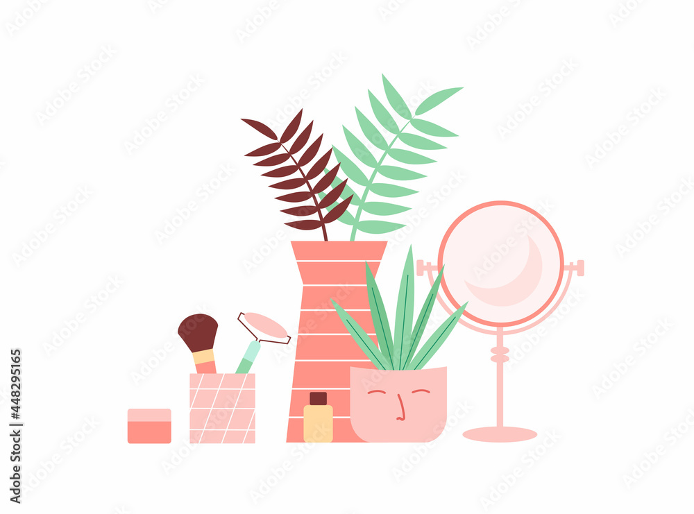 Vector illustration of interior with mirror, skin care products and home plants.