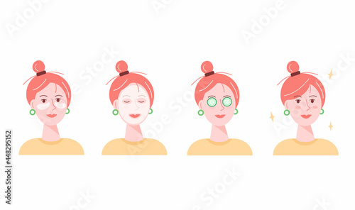 Vector illustration of a girl doing cosmetic procedures. Face mask, cucumbers on eyes, eye patches, and other skin care routine.