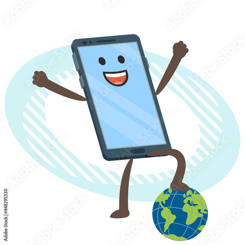 Cartoon Mobile Phone Character keeping his foot above the planet