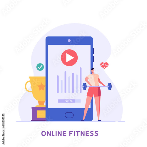 A man stands with barbell and goes in for sports using a mobile app. Concept of online fitness, online gym, workout at home, video exercise, smart sports equipment. Vector illustration in flat design