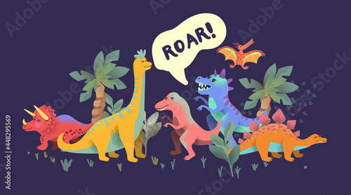 Fototapeta Naklejka Na Ścianę i Meble -  Bright colourful happy dinosuar story characters! Vector illustration