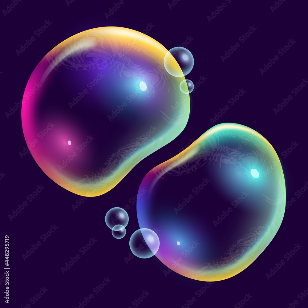 Lagre and realistic rainbow coloured bubbles floating. Vector illustration.