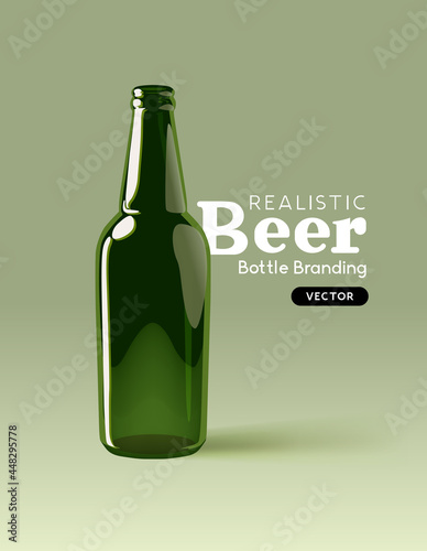 A realistic green glass beer bottle for mocking up designs. Contemporary beverage marketing template Vector illustration