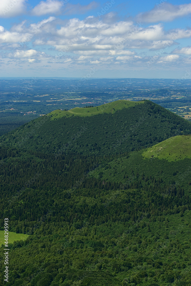View of the Puys chain in Auvergne, panoramic of the Domes. Puy de Dome