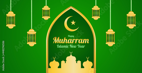 green and gold color islamic new year greeting design. muharram greeting design.