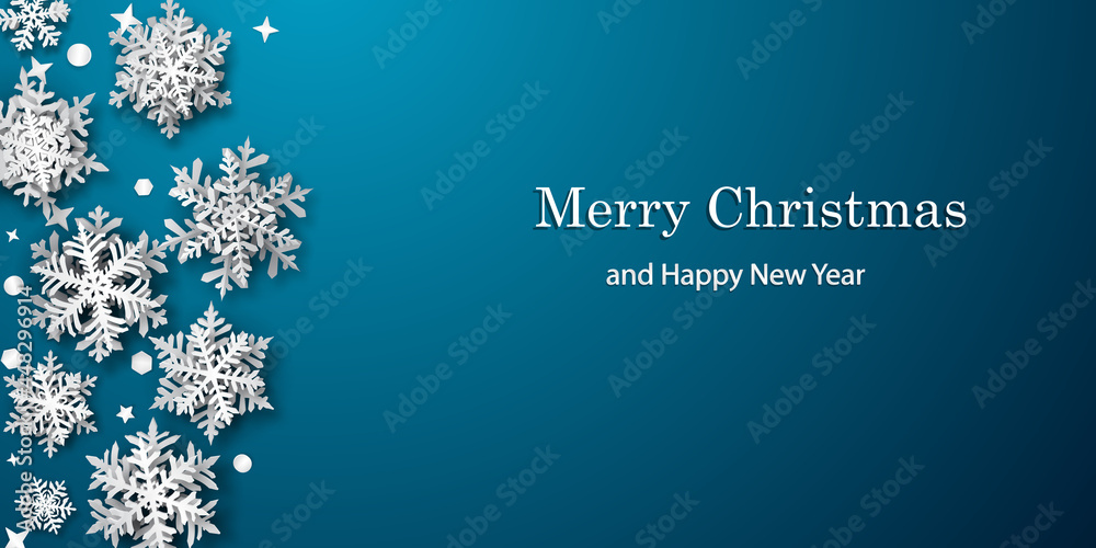 Christmas background of paper snowflakes with soft shadows, white on blue background Christmas background of paper snowflakes with soft shadows, white on blue background