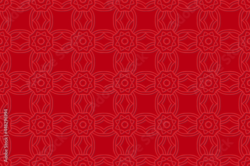 Geometric volumetric convex 3D pattern for wallpaper, websites, textiles. Embossed red background in traditional oriental, Indian style. Texture with ethnic ornament. Beautiful handmade technique.