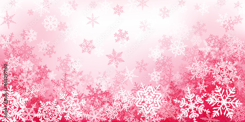 Background of complex Christmas snowflakes in red and pink colors. Winter illustration with falling snow Background of complex Christmas snowflakes in red and pink colors. Winter illustration with falling snow