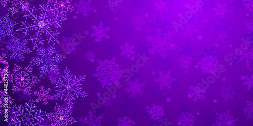 Illustration of big complex translucent Christmas snowflakes in purple colors, located on the left, on background with falling snow