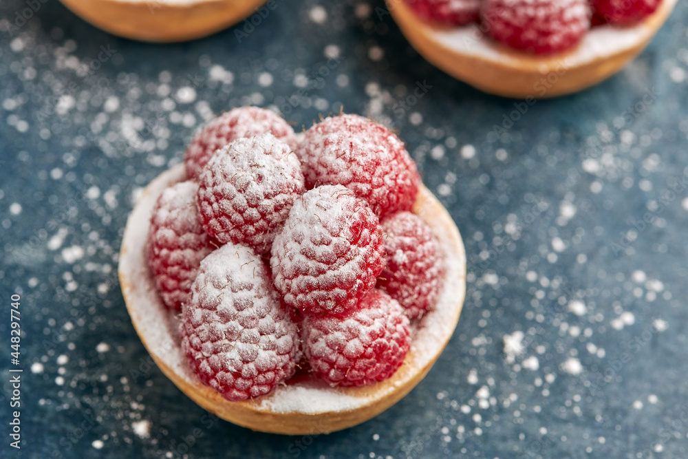 Appetizing raspberry tart with icing sugar on a spongy sponge cake base.