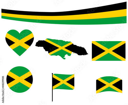Jamaica Flag Map Ribbon And Heart Icons Vector Illustration Abstract National Emblem Design Elements collection