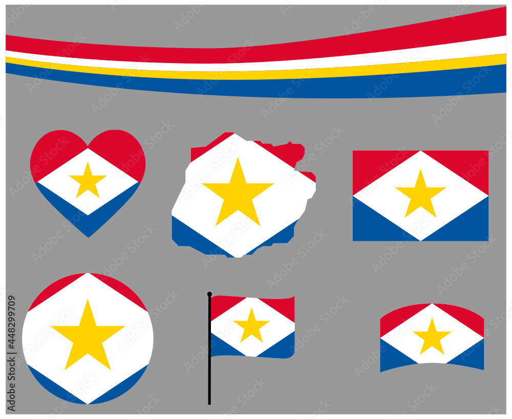 Saba Flag Map Ribbon And Heart Icons Vector Illustration Abstract National Emblem Design Elements collection