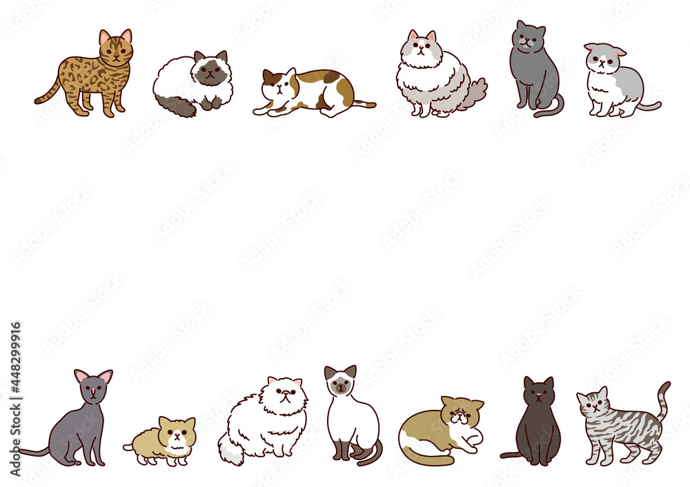 いろいろな種類のかわいい猫たちの横長イラストフレーム Horizontal Illustration Frame Of Various Kinds Of Cute Cats Stock Vector Adobe Stock