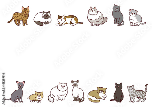 いろいろな種類のかわいい猫たちの横長イラストフレーム／Horizontal illustration frame of various kinds of cute cats