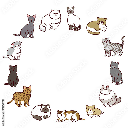 いろいろな種類のかわいい猫たちのイラスト円形フレーム