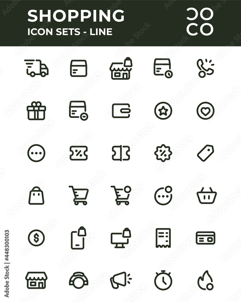 Vector illustration of Shopping and E commerce icon Sets. Outline icon. Dark green color. Suitable for use in applications, websites, social media, brochures, etc Vector illustration of Shopping and E commerce icon Sets. Outline icon. Dark green color. Suitable for use in applications, websites, social media, brochures, etc