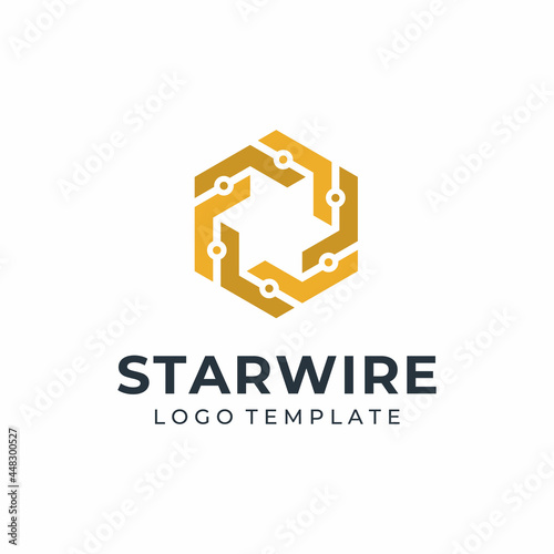 Golden Copper Circuit Wire with Hexagon Star for Electric logo design