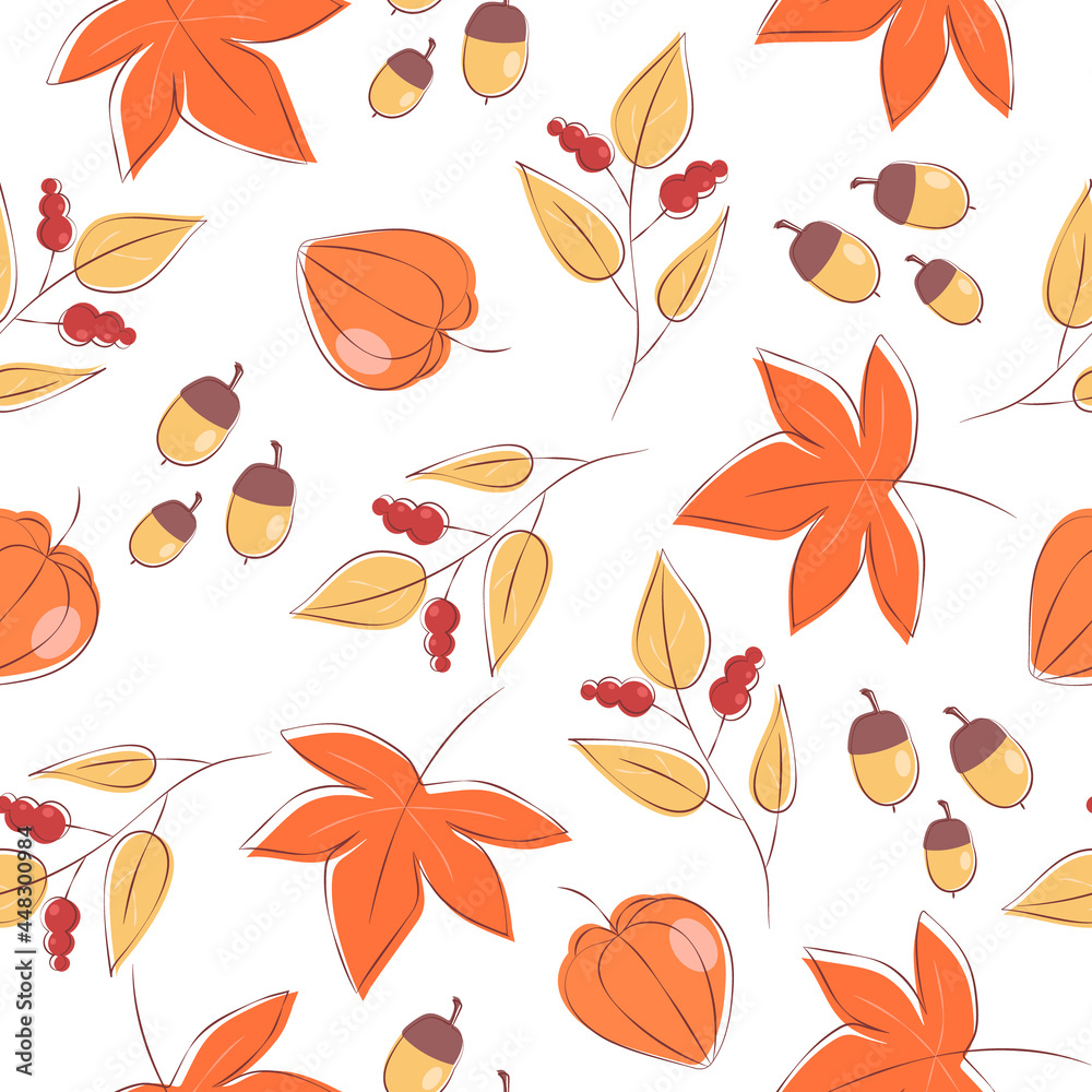 Vector seamless autumn pattern with acorns, physalis, wild berries and maple leaves.