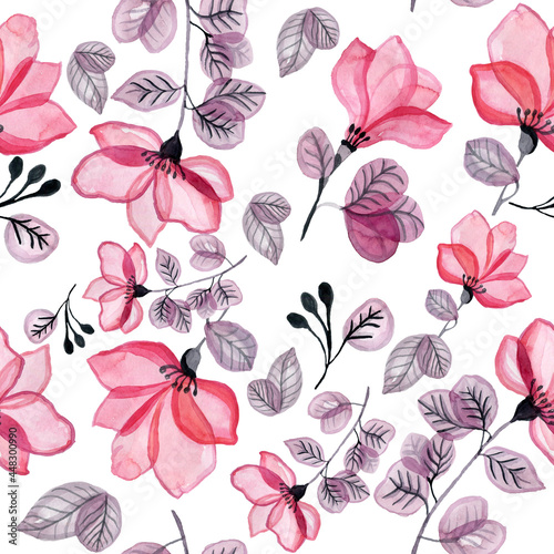 Seamless floral pattern. Isolated hand drawn with big flowers  eucalyptus and berries for wallpaper design  textile  fabric