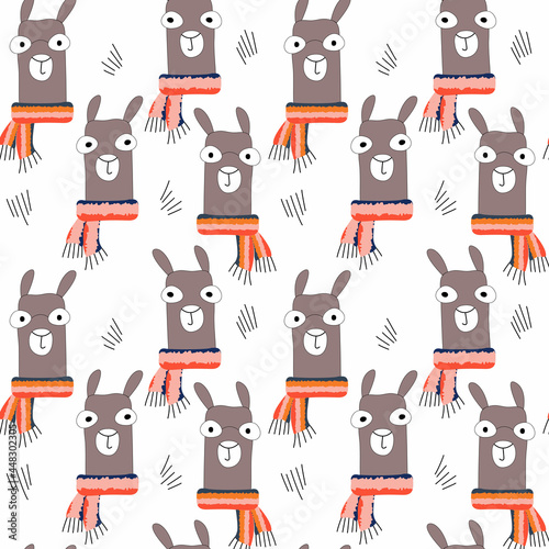 Seamless vector pattern of funny llamas in striped scarves on a white background for various children's designs