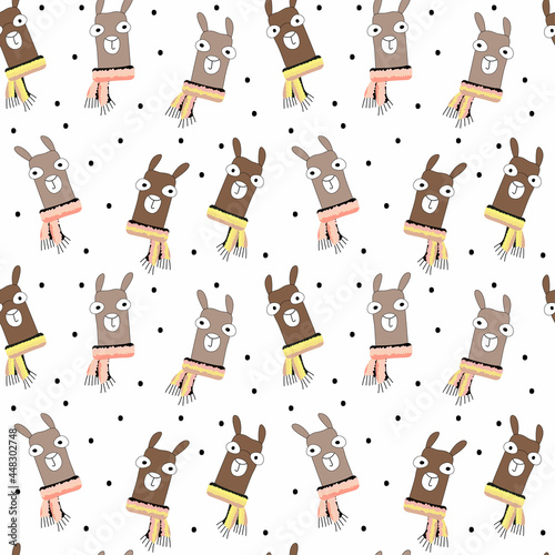 Seamless vector pattern of funny llamas in striped scarves on a white background with polka dots for various children's designs