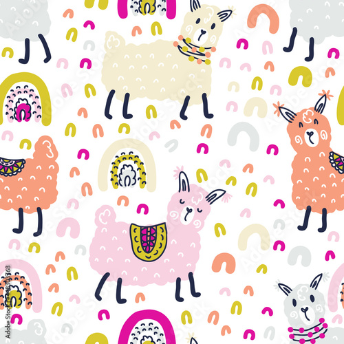 Free hand drawing vector seamless pattern of lamas and rainbows. Perfect for scrapbooking, poster, textile and prints. Hand drawn illustration for decor and design.
