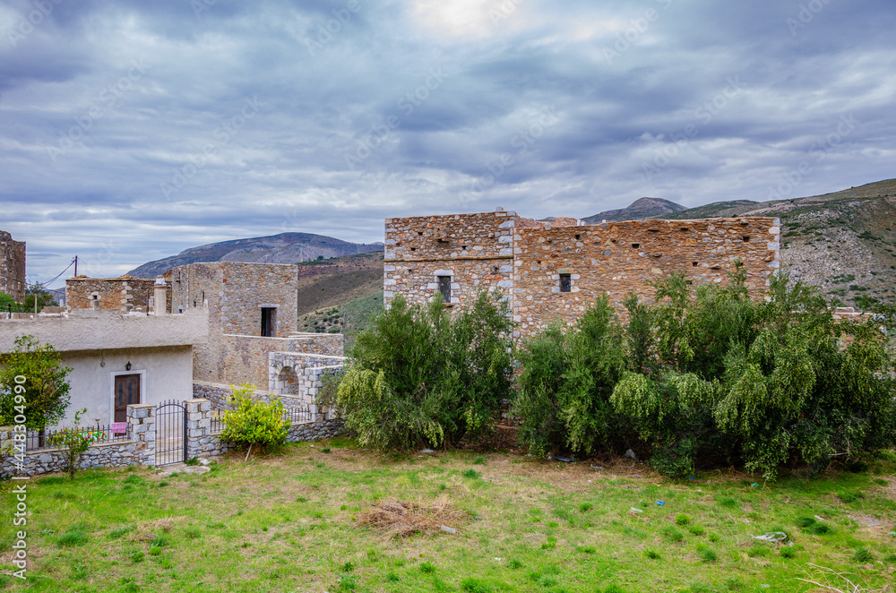 Architectural and old historical towers dominating the area at the famous Vathia village in the Laconian Mani peninsula. Laconia, Peloponnese, Greece, Europe.sightseeing